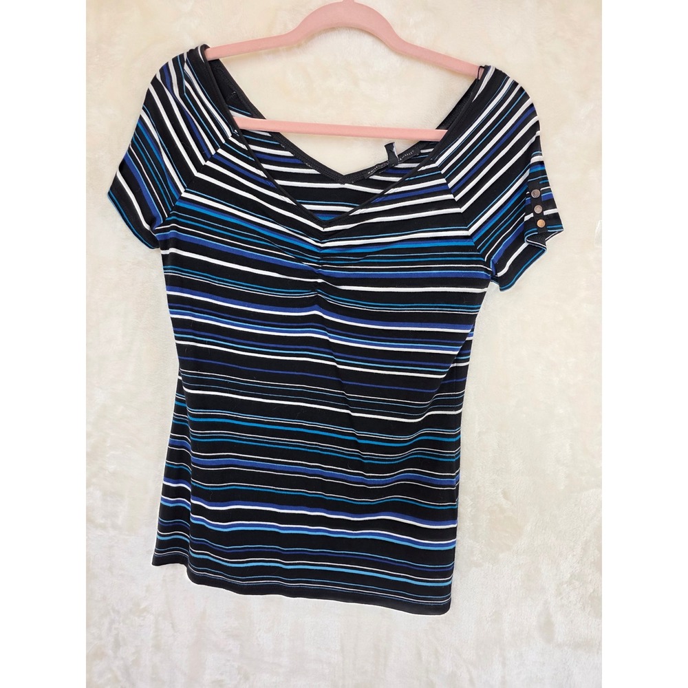 White House‎ Black Market Blue Striped V-Neck Top Ruched Button Sleeve Womens M